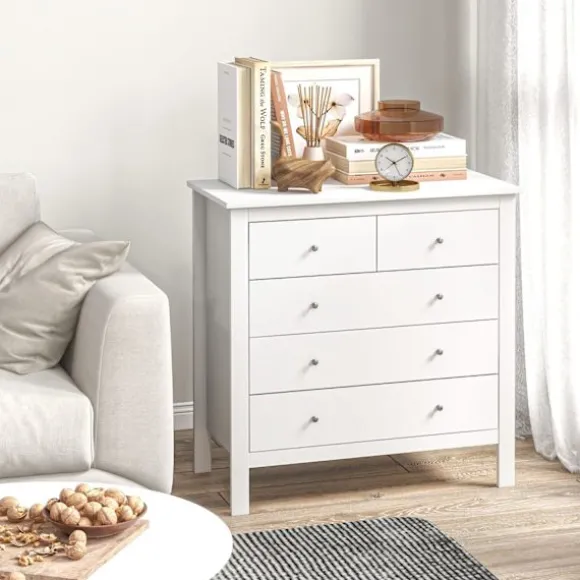 Kommode Sideskab 5 Skuffer Skænk Anti-Tilt Skuffe Kommode Soveværelse Stue Hvid 79 X 39,5 X 80,5 Cm