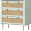 Kommode sideskab med 3 skuffer, skænk med boho stil, rattan look, skuffe kommode til stue, soveværelse, lyseblå 80 x 40 x 87,5 cm