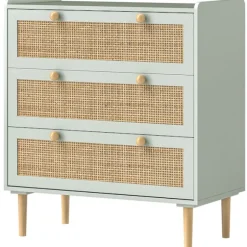 Kommode sideskab med 3 skuffer, skænk med boho stil, rattan look, skuffe kommode til stue, soveværelse, lyseblå 80 x 40 x 87,5 cm