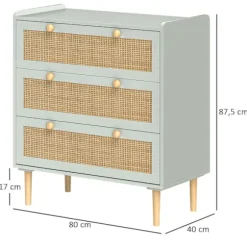 Kommode sideskab med 3 skuffer, skænk med boho stil, rattan look, skuffe kommode til stue, soveværelse, lyseblå 80 x 40 x 87,5 cm