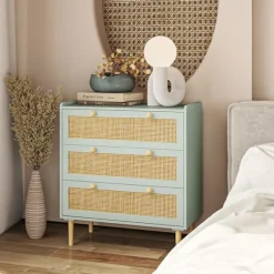 Kommode sideskab med 3 skuffer, skænk med boho stil, rattan look, skuffe kommode til stue, soveværelse, lyseblå 80 x 40 x 87,5 cm
