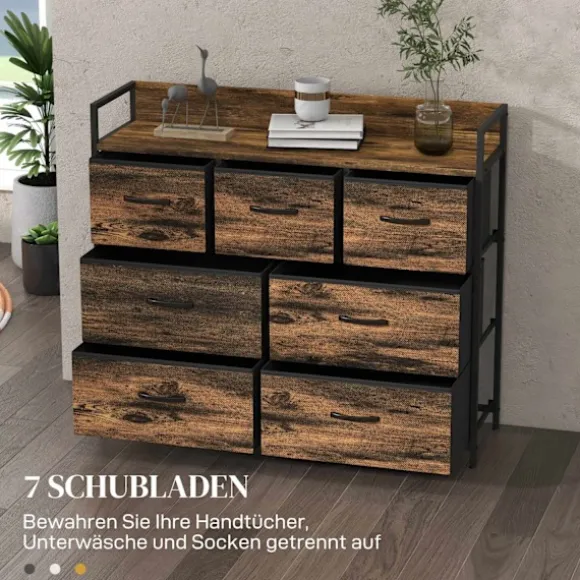 Kommode skænk 7 stofskuffer Håndtag Hylde Opbevaringsskab Stålramme Industriel stil Soveværelse Rustik Brun