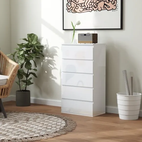 Kommode, skænk med 5 skuffer, kontorskab med anti-tip trækflige, til stue, soveværelse, hvid, 55 x 34 x 100 cm |
