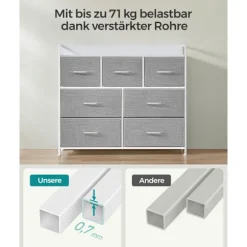 Kommode, Soveværelsesskab, 7 stofskuffer med håndtag, metalramme, duegrå og skyhvid