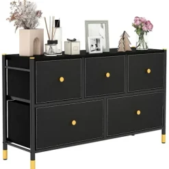 Kommode til soveværelse med 5 skuffer bred stof kommode med metalramme 100 x 30 x 58,5 cm sort