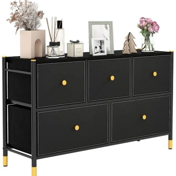 Kommode til soveværelse med 5 skuffer bred stof kommode med metalramme 100 x 30 x 58,5 cm sort