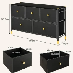Kommode til soveværelse med 5 skuffer bred stof kommode med metalramme 100 x 30 x 58,5 cm sort