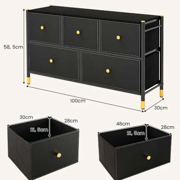 Kommode til soveværelse med 5 skuffer bred stof kommode med metalramme 100 x 30 x 58,5 cm sort