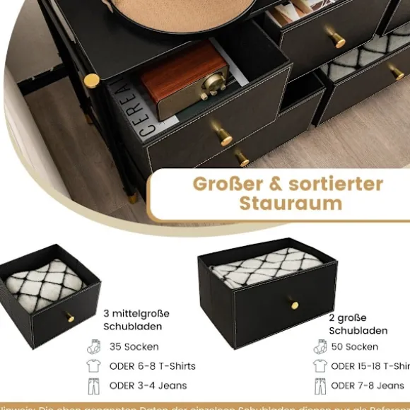 Kommode til soveværelse med 5 skuffer bred stof kommode med metalramme 100 x 30 x 58,5 cm sort