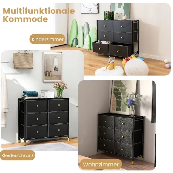 Kommode til soveværelse med 6 skuffer høj stof kommode med metalramme 89 x 30 x 76,5 cm sort