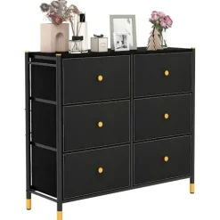 Kommode til soveværelse med 6 skuffer høj stof kommode med metalramme 89 x 30 x 76,5 cm sort