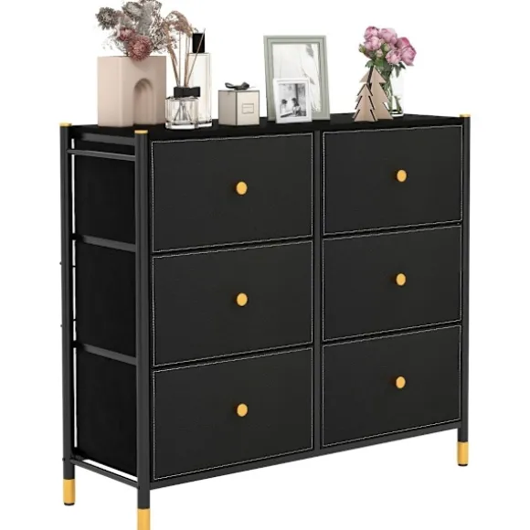 Kommode til soveværelse med 6 skuffer høj stof kommode med metalramme 89 x 30 x 76,5 cm sort