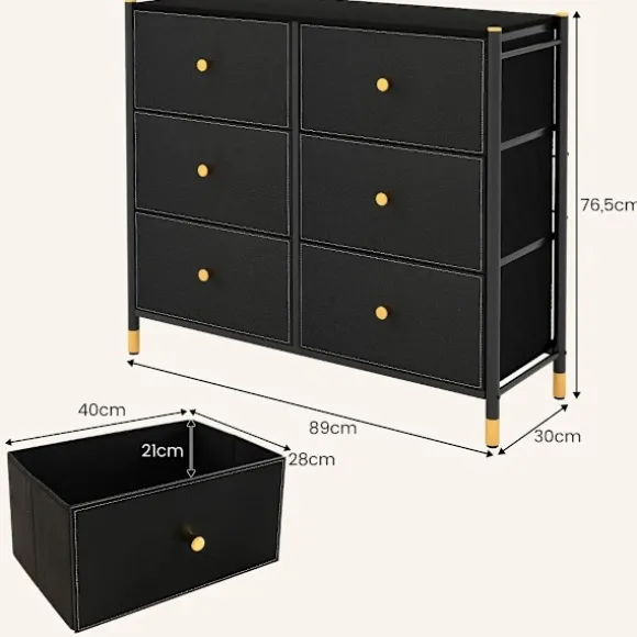 Kommode til soveværelse med 6 skuffer høj stof kommode med metalramme 89 x 30 x 76,5 cm sort