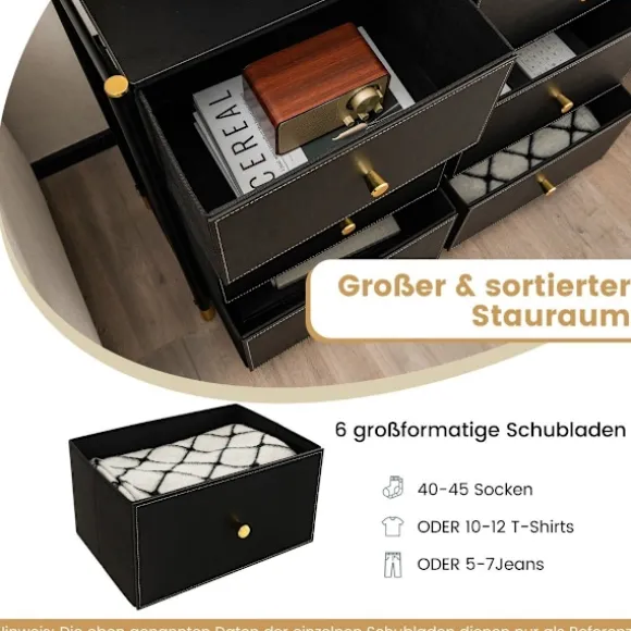 Kommode til soveværelse med 6 skuffer høj stof kommode med metalramme 89 x 30 x 76,5 cm sort