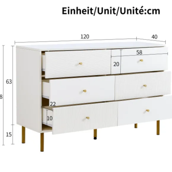 Kommode 120x40x78 cm med 6 skuffer - Hvid, zinklegeringshåndtag & stålben, MDF White