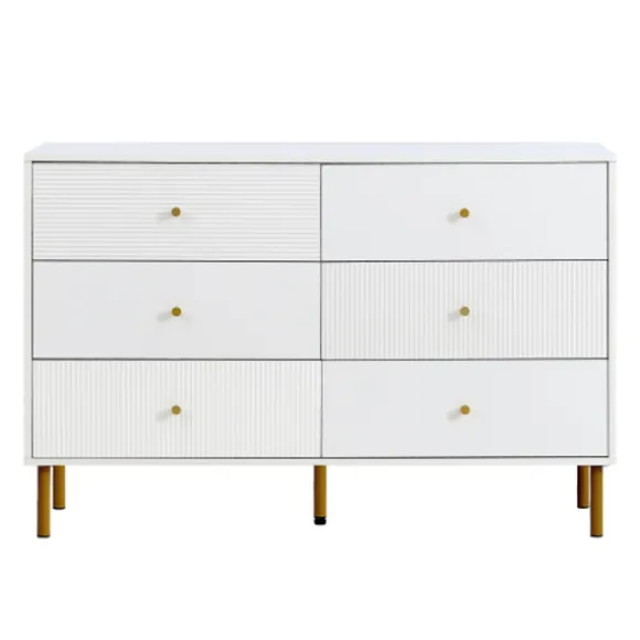 Kommode 120x40x78 cm med 6 skuffer - Hvid, zinklegeringshåndtag & stålben, MDF White