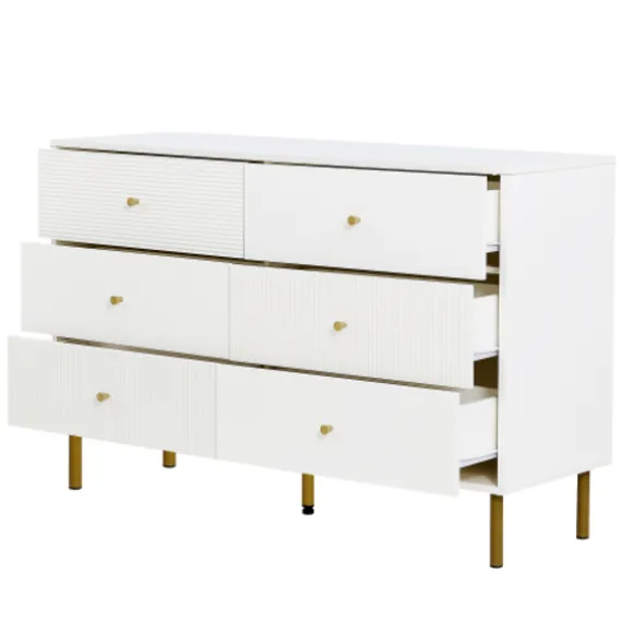 Kommode 120x40x78 cm med 6 skuffer - Hvid, zinklegeringshåndtag & stålben, MDF White