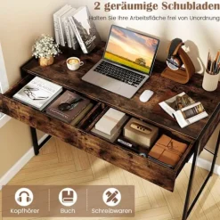 Kompakt computerbord med 2 skuffer, rustik brun