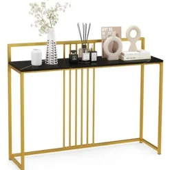 Konsolbord -COSTWAY- Marmortryk - 120 x 32 x 89 CM - Sort metalstel Moderne indgangsmøbler Svart och Guld