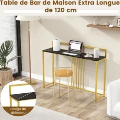 Konsolbord -COSTWAY- Marmortryk - 120 x 32 x 89 CM - Sort metalstel Moderne indgangsmøbler Svart och Guld