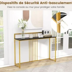 Konsolbord -COSTWAY- Marmortryk - 120 x 32 x 89 CM - Sort metalstel Moderne indgangsmøbler Svart och Guld