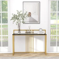 Konsolbord -COSTWAY- Marmortryk - 120 x 32 x 89 CM - Sort metalstel Moderne indgangsmøbler Svart och Guld