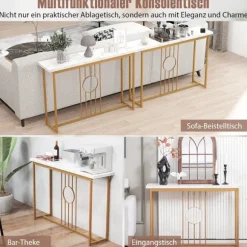 Konsolbord i marmorlook med metalstel og justerbare trædepuder