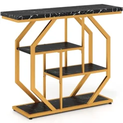 Konsolbord, 4-lags, bordplade i imiteret marmor, sort, 100 cm
