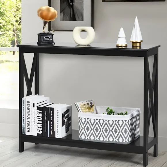 Konsolbord med 2 hylder, X-Frame, Sort, 100x30x80 cm