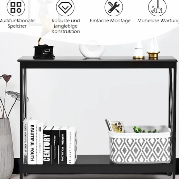 Konsolbord med 2 hylder, X-Frame, Sort, 100x30x80 cm