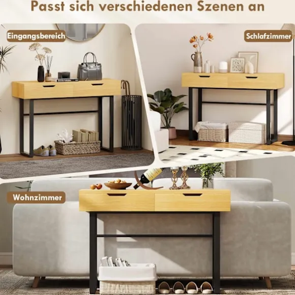 Konsolbord med 2 skuffer, metalstel, 110x35x76,5 cm