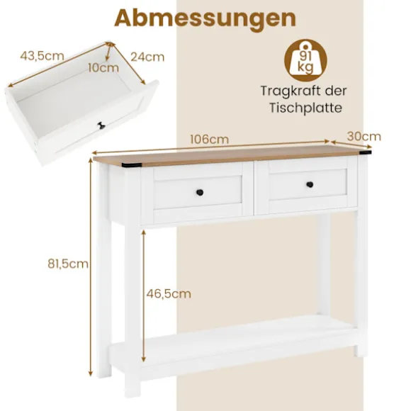 Konsolbord med 2 skuffer og hylde, hvid, 106x30x81,5 cm