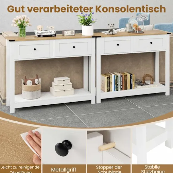Konsolbord med 2 skuffer og hylde, hvid, 106x30x81,5 cm