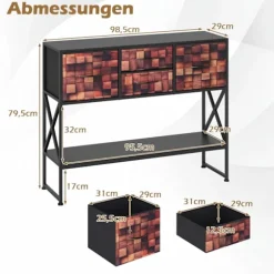 Konsolbord med 4 stofskuffer, metalstel, træmosaik