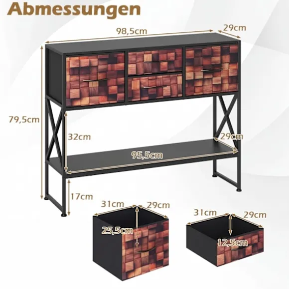 Konsolbord med 4 stofskuffer, metalstel, træmosaik