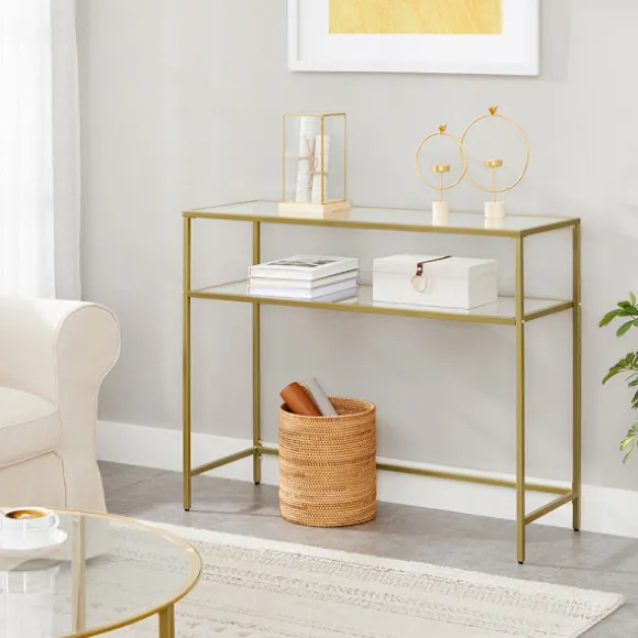 Konsolbord med glasplade og stålramme 100 cm - Guld