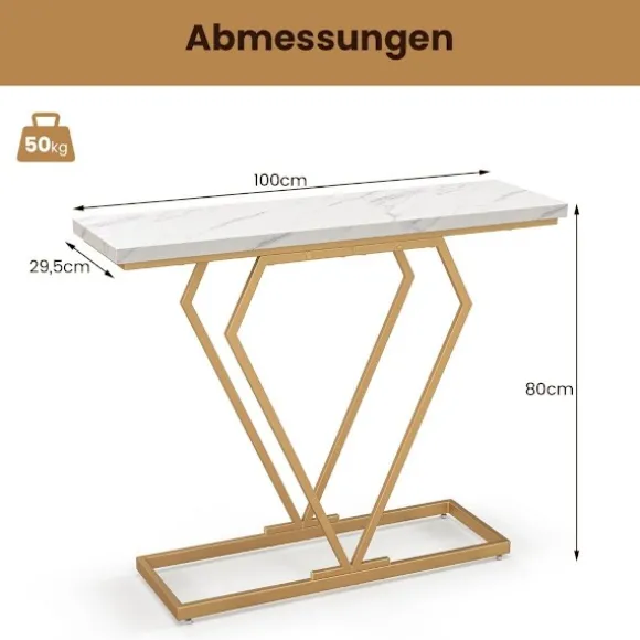 Konsolbord med marmorlook, guldstel, 100x29,5x80 cm