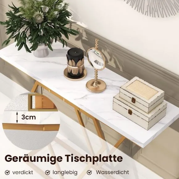 Konsolbord med marmorlook, guldstel, 100x29,5x80 cm