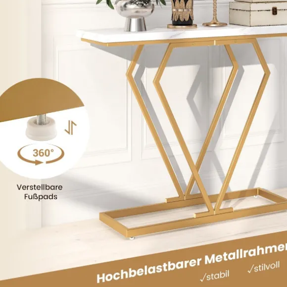 Konsolbord med marmorlook, guldstel, 100x29,5x80 cm