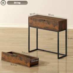 Konsolbord med skuffe, industrielt design, 80x30x76 cm, sort