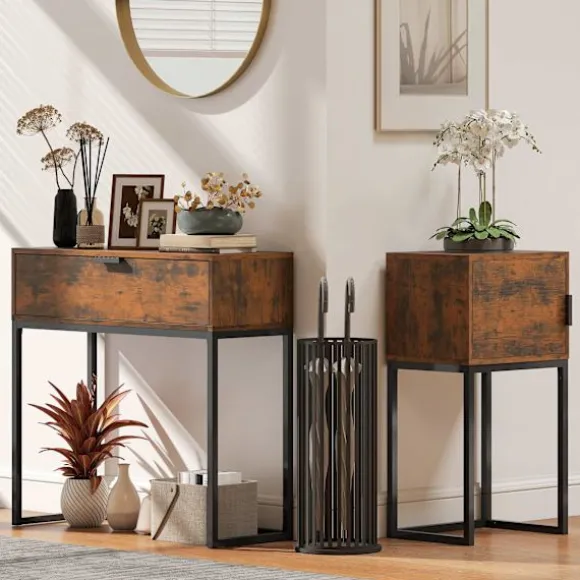 Konsolbord med skuffe, industrielt design, 80x30x76 cm, sort