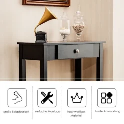 Konsolbord med skuffe, indgangsbord, smalt industrielt sidebord af træ 71 x 30 x 71 cm sort