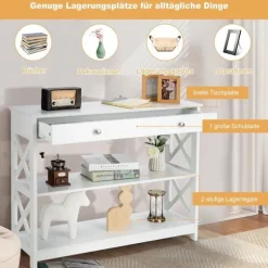 Konsolbord med skuffe og hylder, moderne MDF entrébord 100x30x80cm hvid