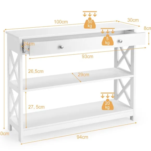 Konsolbord med skuffe og hylder, hvid MDF, 100x30x80 cm