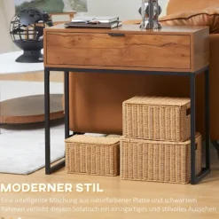 Konsolbord Med Skuffe, Sofabord, Hallbord I Industrielt Design, Sidebord Til Entré, Stue, Entre, Stål, Natur, 80 X 30 X 76 Cm