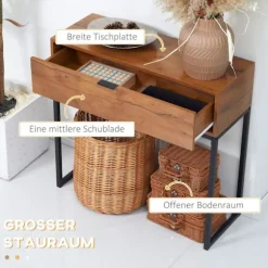 Konsolbord Med Skuffe, Sofabord, Hallbord I Industrielt Design, Sidebord Til Entré, Stue, Entre, Stål, Natur, 80 X 30 X 76 Cm