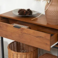 Konsolbord Med Skuffe, Sofabord, Hallbord I Industrielt Design, Sidebord Til Entré, Stue, Entre, Stål, Natur, 80 X 30 X 76 Cm