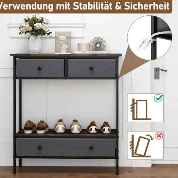 Konsolbord med skuffer, rustik brun, metalstel