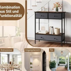 Konsolbord med skuffer, rustik brun, metalstel