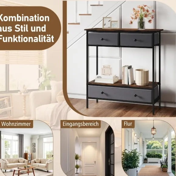 Konsolbord med skuffer, rustik brun, metalstel